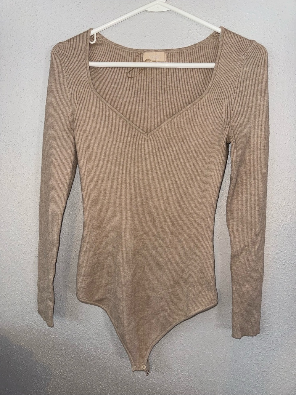 Nuuds XL Ribbed V-Neck Long Sleeve Bodysuit in Beige